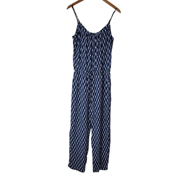 Karen Kane Womens Jumpsuit L Blue White Ikat Print Boho Resort Made in USA - Picture 1 of 9